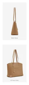 Detailed views of the light brown leather tote bag from side and 45-degree back angles