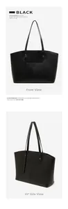 Front and 45-degree side views of a black pebbled leather tote bag with rivet details