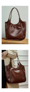 Détails de ce grand sac cabas en cuir marron foncé montrant la texture huilée et l'anse