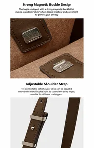 Detail of the magnetic closure and adjustable shoulder strap on the brown tote bag