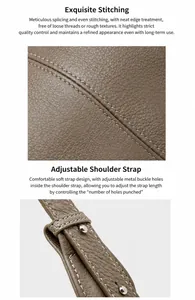 Detailed view of genuine leather bag featuring contrast stitching and adjustable eyelet strap