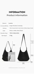 Detailed size guide for minimalist leather tote showing bag dimensions and specifications