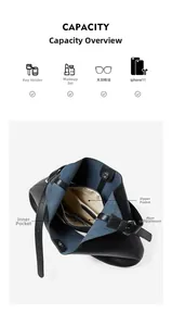 Detail view of black leather tote bag capacity with blue lining and inner zipper pocket