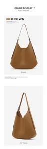 Detail view of brown leather hobo bag showing front and side angles with silver buckles