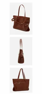 Brown leather tote bag shown from multiple angles including side and back with zipper pocket