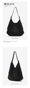 Close-up of minimalist black matte leather hobo bag showing front and side views