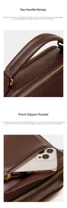 Détails des poignées en cuir double couche et de la poche zippée avec couture fine