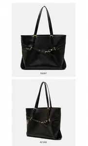 Detailed front and side views of a large black leather tote bag with gold metal buckles
