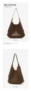 Front and 45-degree side view of minimalist coffee brown leather shoulder bag for women