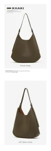 Detailed front and side views of the khaki semi-circle hobo bag with grainy leather texture