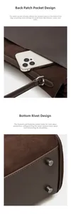 Detail view of leather tote with back slip pocket and protective metal bottom studs