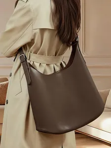 Women Genuine Leather Large Capacity Hobo Shoulder Bag Minimalist Solid Color Tote Bag Fashion Commuter Daily Underarm Bag