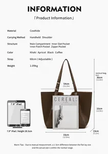 Detailed size chart of the large capacity leather tote bag with product measurements
