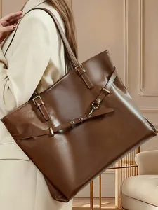 Women Genuine Leather Large Capacity Tote Bag Retro Minimalist Commuter Shoulder Bag Top Layer Cowhide Handbag