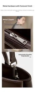 Détails de la boucle en métal argenté et fermeture éclair sur le sac en cuir marron