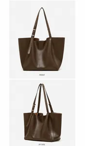 Front and 45-degree side view of coffee large capacity matte tote bag with curved stitching