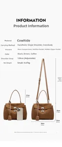 Detailed size specifications of brown matte leather tote bag with dimensions and phone scale