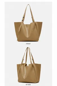 Front and side view of apricot large capacity tote bag with adjustable shoulder straps