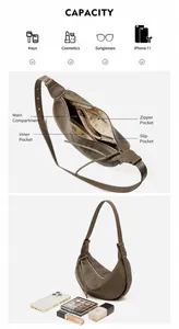 Macro view of leather moon bag interior compartments with large storage capacity