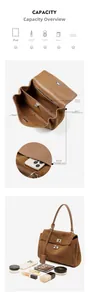 Top view showing caramel suede tote interior with multiple compartments and iPad storage