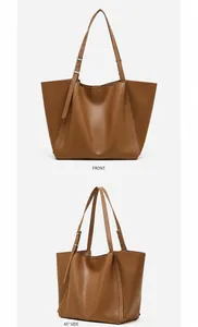 Detailed views of a dark brown large-capacity tote bag showing front and side textures