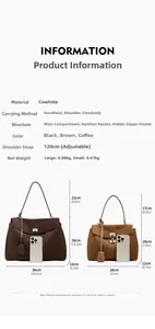 Size chart showing dimensions of large and small leather tote bags with iPhone comparison