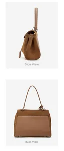 Detail view showing side and back of the brown suede and leather medium tote bag