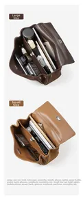 Detailed capacity comparison of large brown and small tan leather tote bags with metal locks