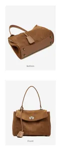 Detailed front and bottom views of brown matte leather tote bag with silver metal twist lock