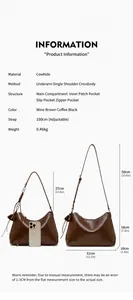 Guía de tallas del bolso almohada de cuero con dimensiones, peso y estructura interna detallada