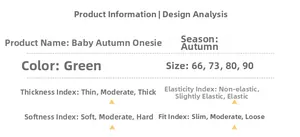 Size chart and fabric details for green newborn long sleeve cotton romper jumpsuit