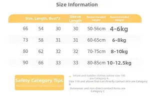 Detailed size chart for baby cotton romper with measurements and safety category standards