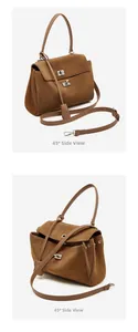 Detailed side view of brown matte leather tote bag with accordion folds and silver lock