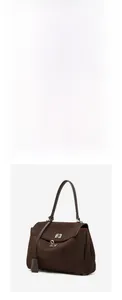 Detailed front and side views of a medium coffee suede tote bag with silver metal twist lock