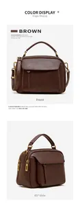Vue de face et de profil à 45 degrés d'un sac à main en cuir marron avec détails dorés
