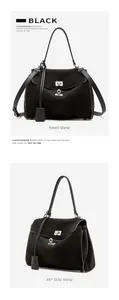 Detailed front and side views of black suede tote bag with leather trim and metal lock