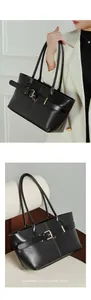 Detail of black leather tote bag featuring gold buckle and textured handmade finish