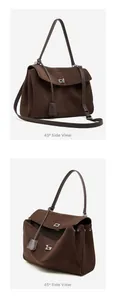 Detailed side view of large dark brown suede leather shoulder bag with metallic lock