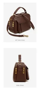 Vue latérale détaillée du sac à bandoulière en cuir marron avec double fermeture éclair