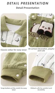 Detail view of baby romper featuring waffle knit texture and cute 3D panda embroidery