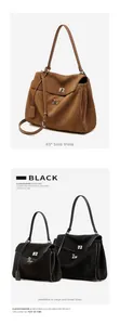 Side view of large and small leather tote bags in brown and black with metal clasps