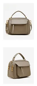 Détails du sac à main en cuir gris montrant les angles de face et de profil à 45