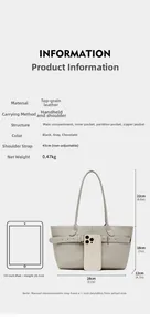 Detailed technical diagram of grey leather tote bag showing internal pockets and dimensions