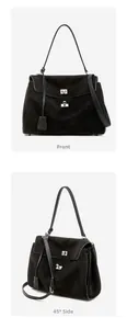 Detailed front and side views of black matte suede tote with silver metal buckle hardware