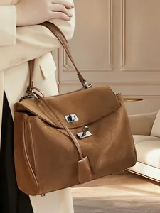 Women's Retro Matte Genuine Leather Rodeo Tote Bag Large Capacity Commuter Shoulder Crossbody Handbag With Silver Lock Buckle