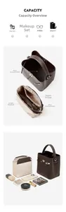 Vue macro de l'intérieur du sac seau en cuir montrant les compartiments et la pochette