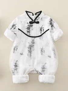 Chinese Style Baby Romper Ink Bamboo Print Double Layer Mesh Jumpsuit With Frog Buttons For Infant Newborn Clothes