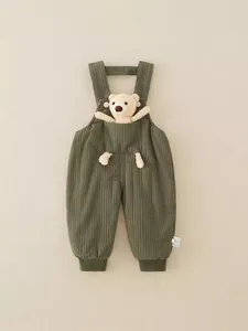 Salopette neonato imbottita verde scuro con orsetto di peluche e trapuntatura