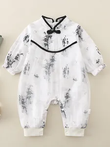 Infant Chinese style romper with ink bamboo print and soft mesh overlay for baby girls