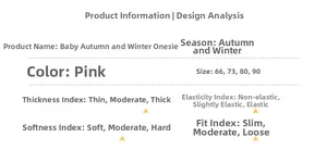 Detailed sizing chart for baby winter romper showing thickness and soft fabric attributes